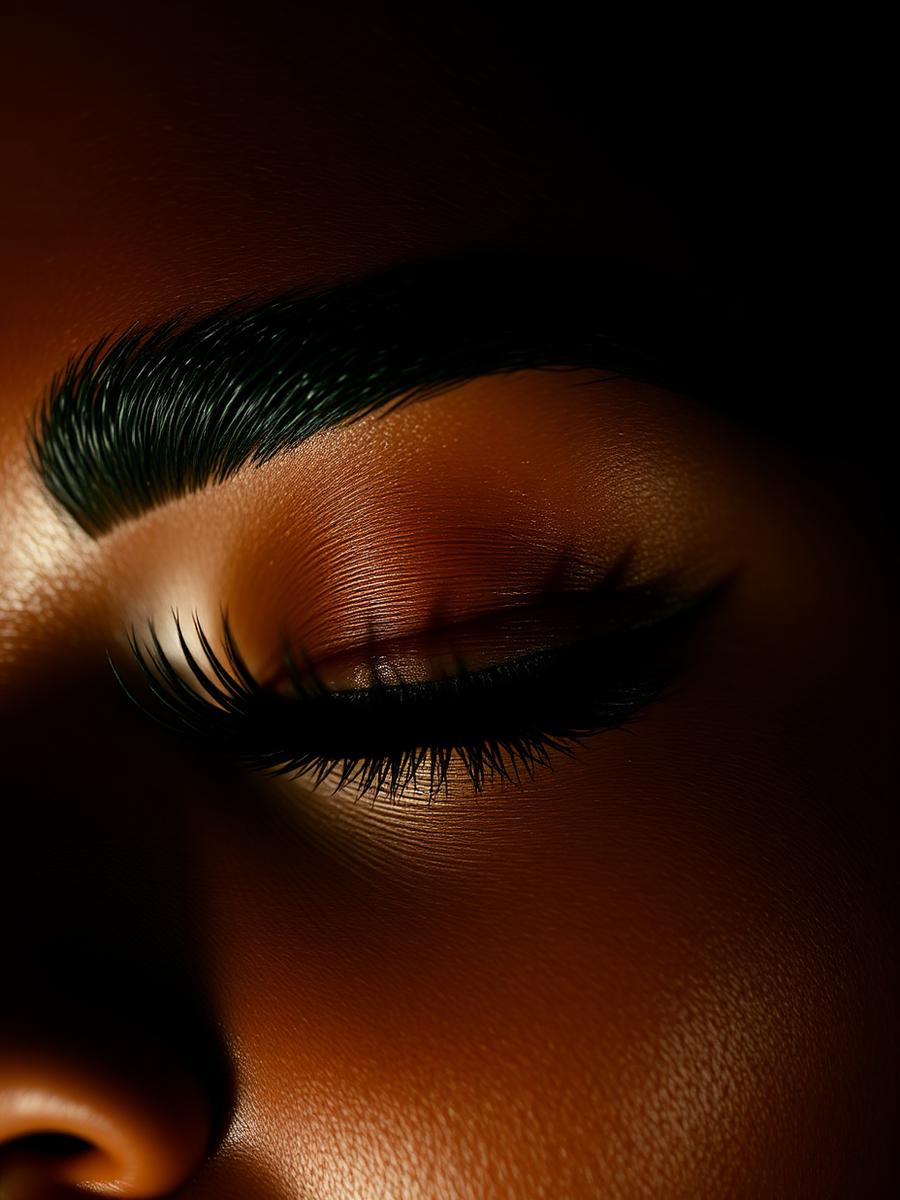 Close-up of sculpted brows and lash extensions