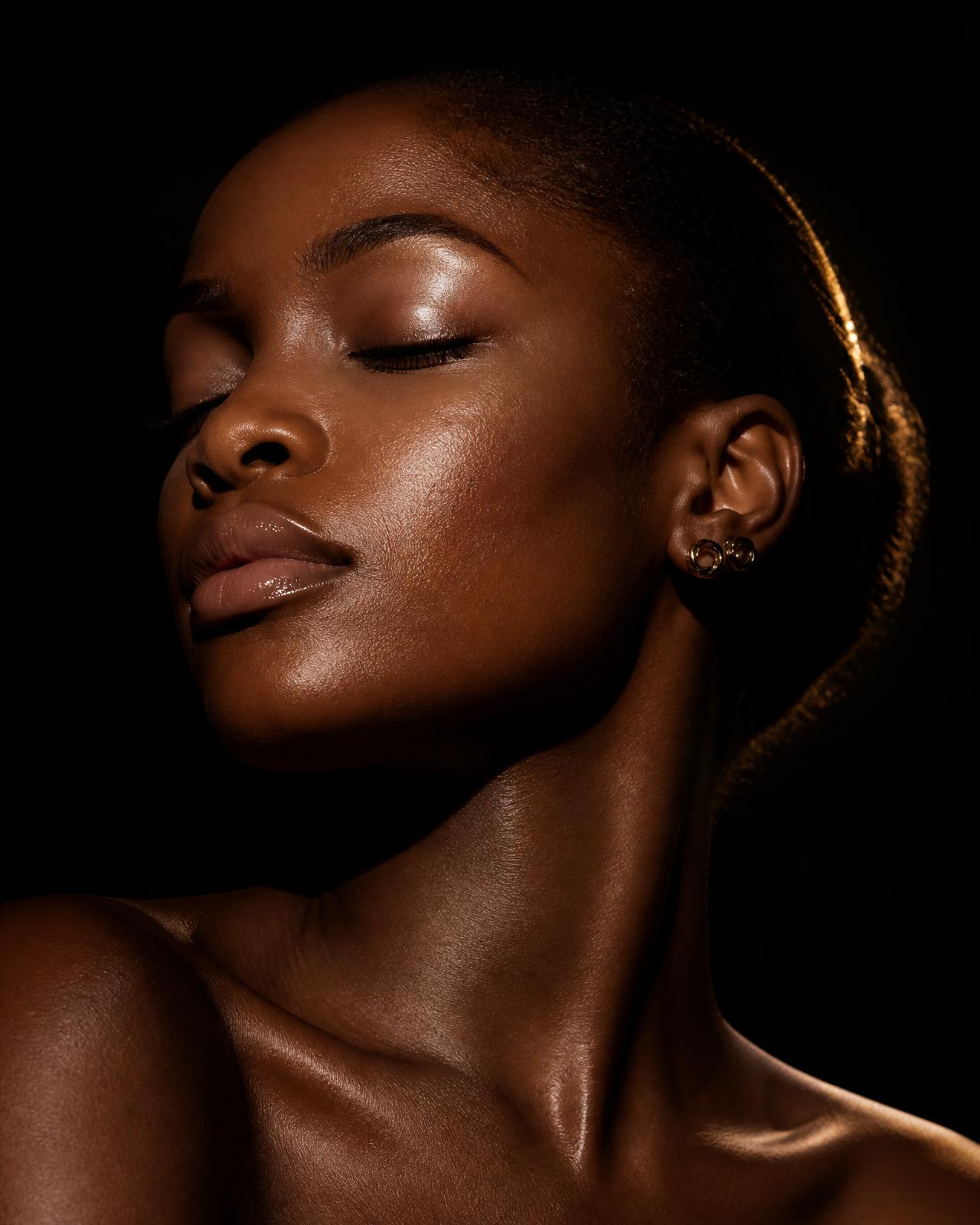 Editorial portrait of a woman with radiant, healthy skin
